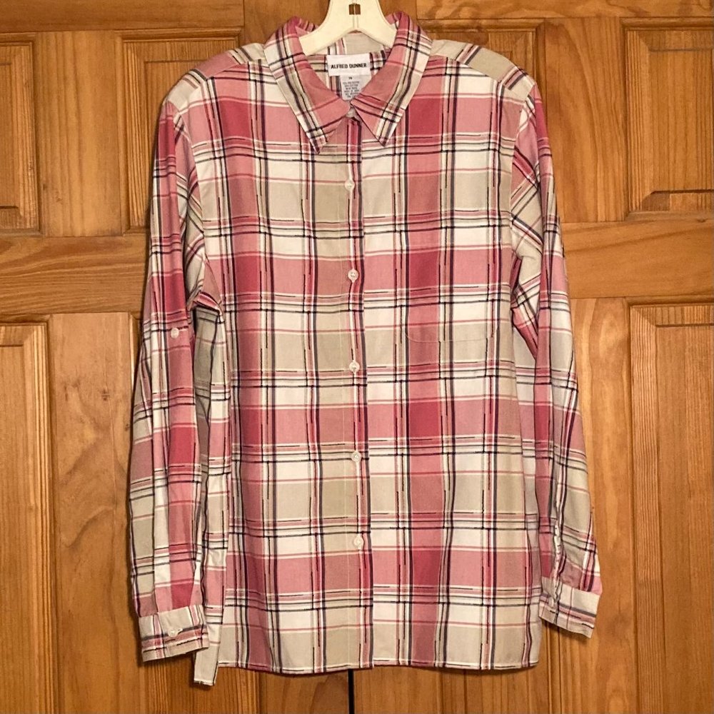 NWOT Alfred Dunner Vintage 90s Top Long Sleeve Blouse Plaid Pink Tan Size 16